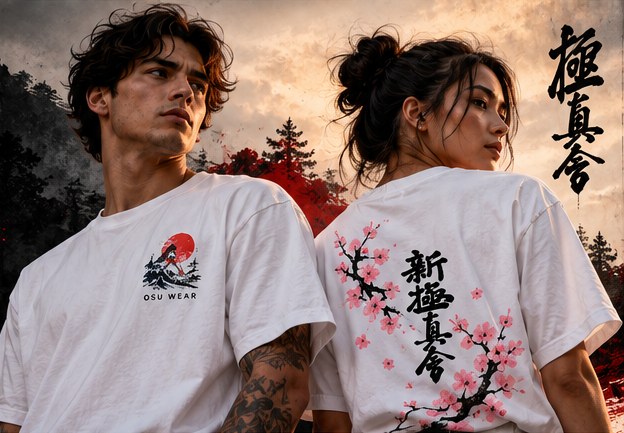 To modeller i hvite OSU WEAR T-skjorter – ett lite brysttrykk og ett stort sakura-ryggtrykk
